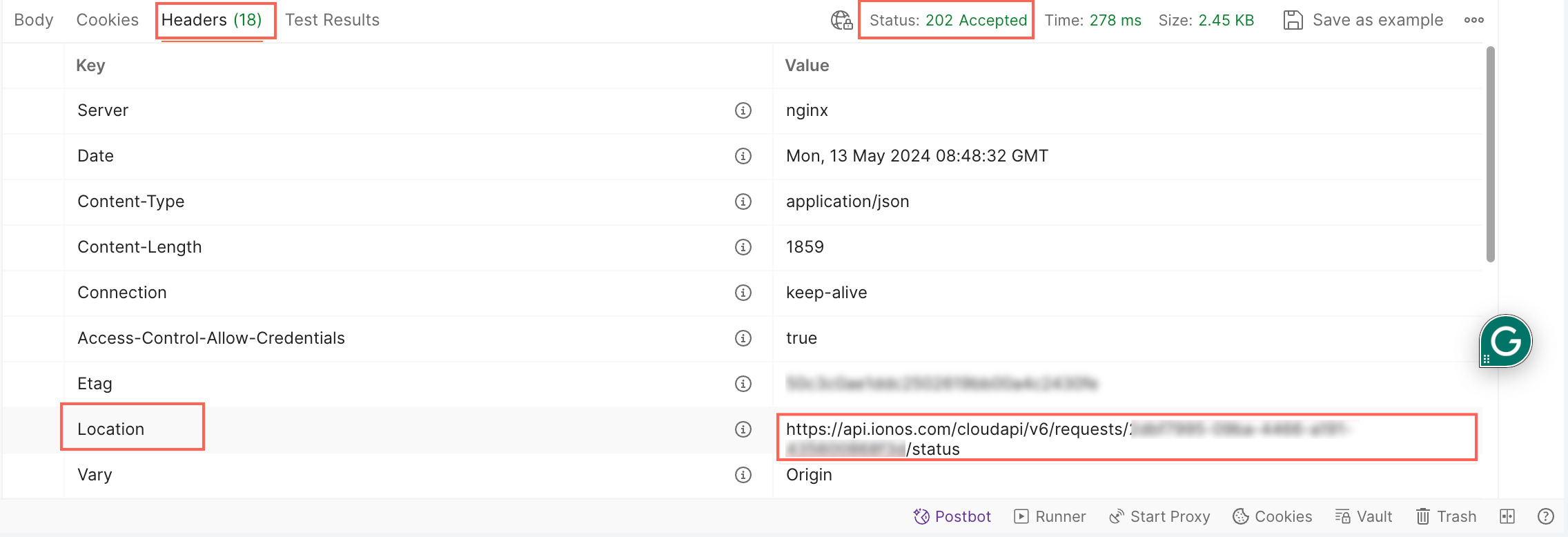 Status URL in Reponse Headers
